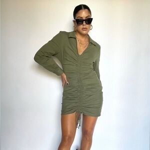 Olive Green Long Sleeve Ruched Collared Dress